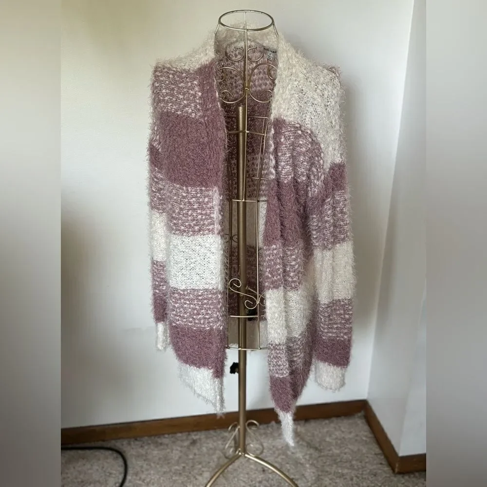 Moral Fiber NWT Fuzzy Striped Open Front Cardigan Purple White Size S